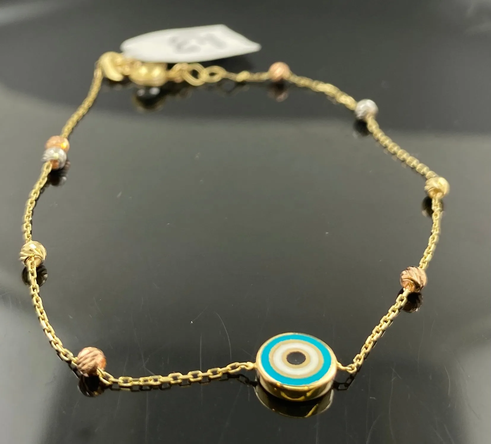 10K Bracelet Solid Gold Ladies Tri-color Ball Design With Evil Eye B685