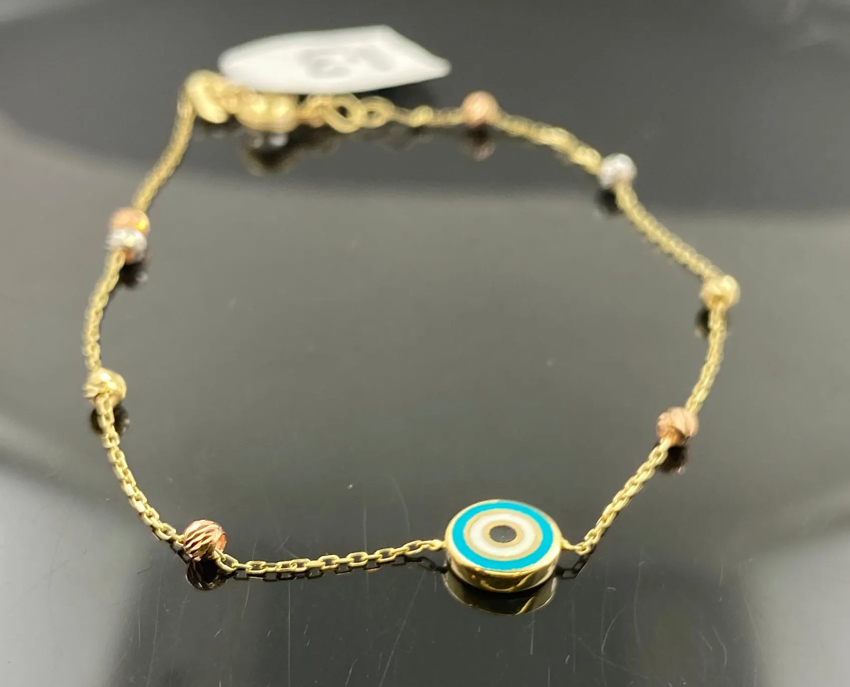 10K Bracelet Solid Gold Ladies Tri-color Ball Design With Evil Eye B685