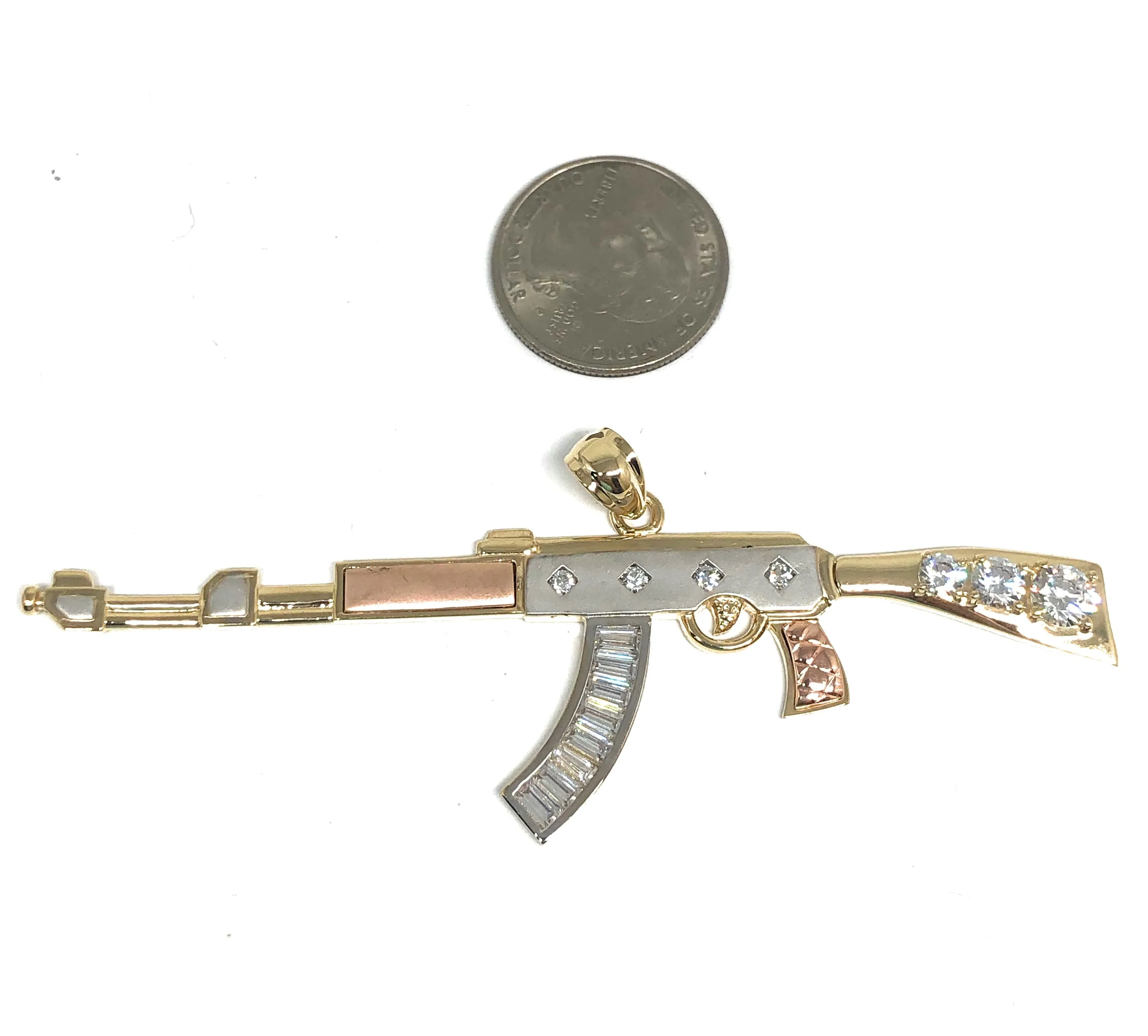 10k Solid Gold Tri-Color BIG XL CZ Machine Gun AK-47 Pendant (12.3g) (FC)