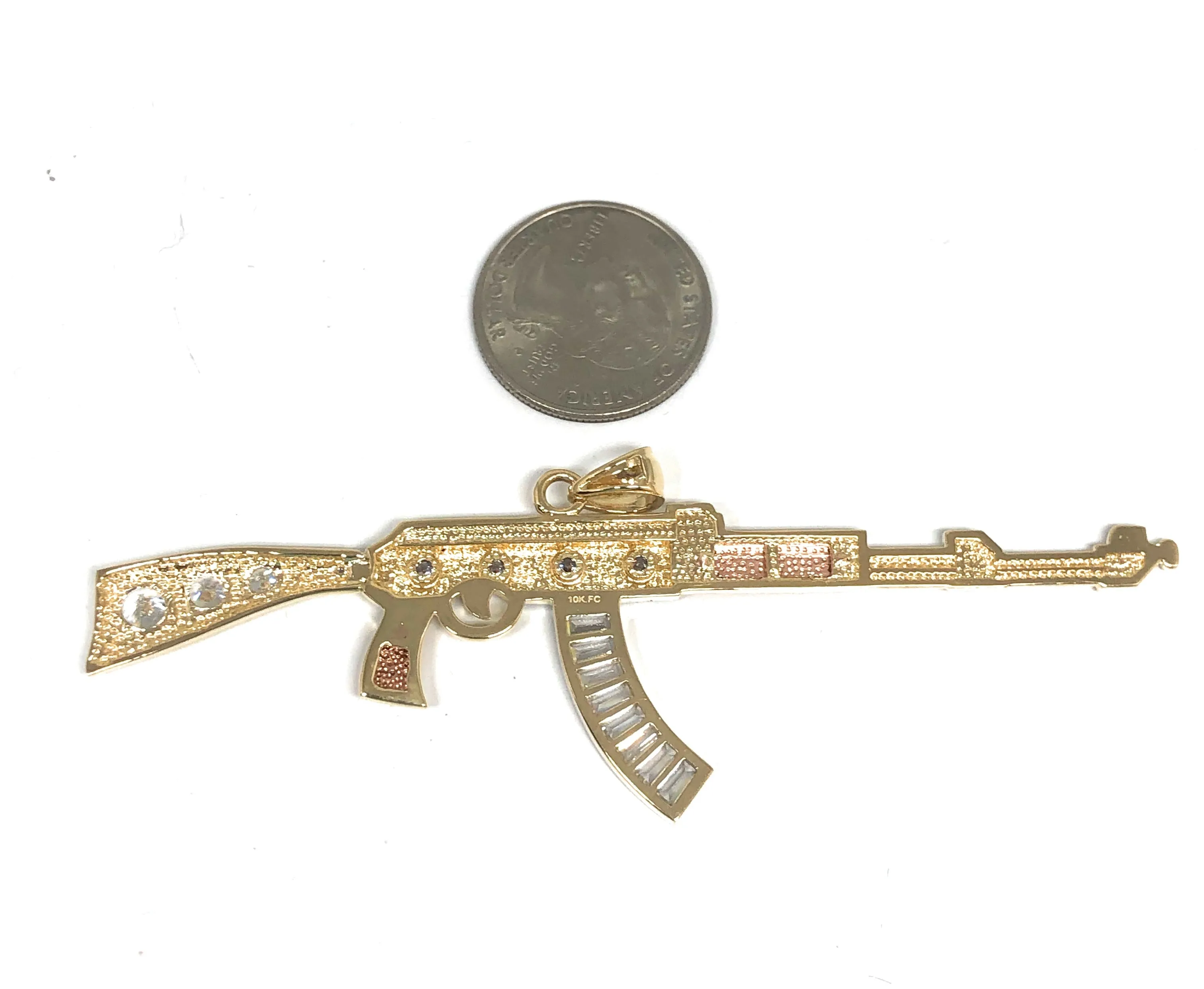 10k Solid Gold Tri-Color BIG XL CZ Machine Gun AK-47 Pendant (12.3g) (FC)