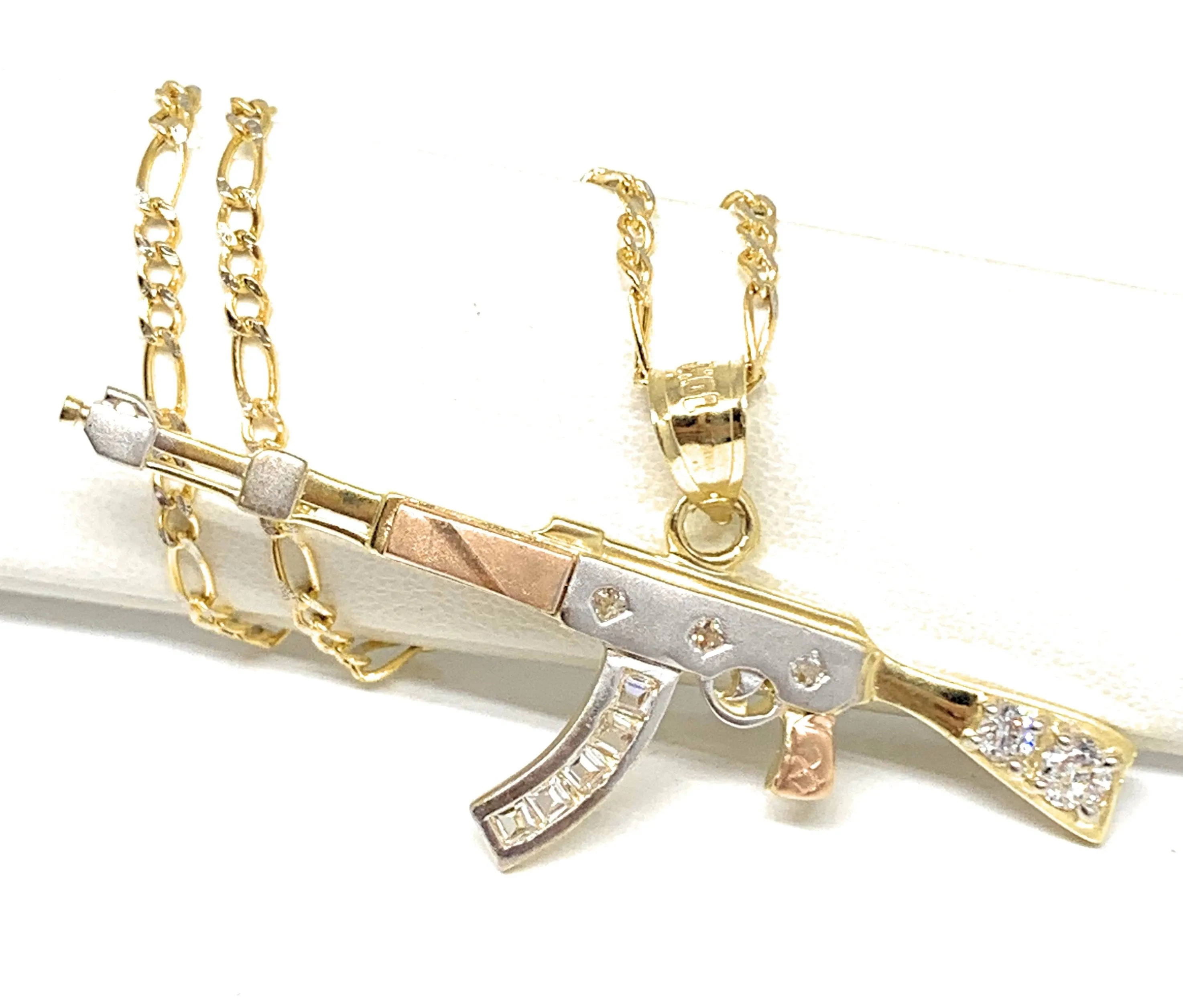 10k Solid Gold Tri-Color Machine Gun AK-47 Pendant