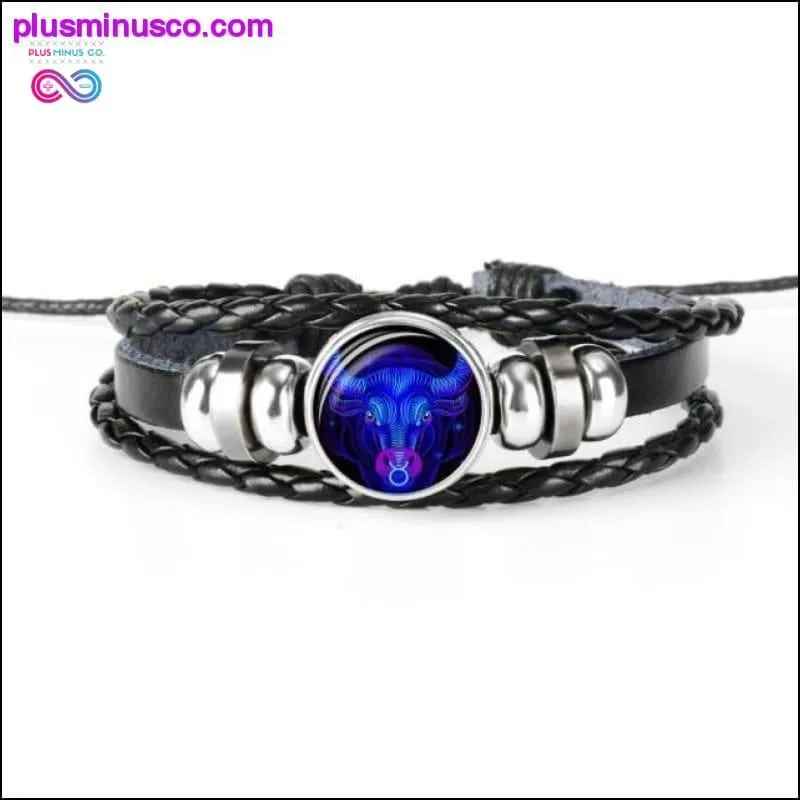 12 Constellation Zodiac Sign Black Braided Leather Bracelet