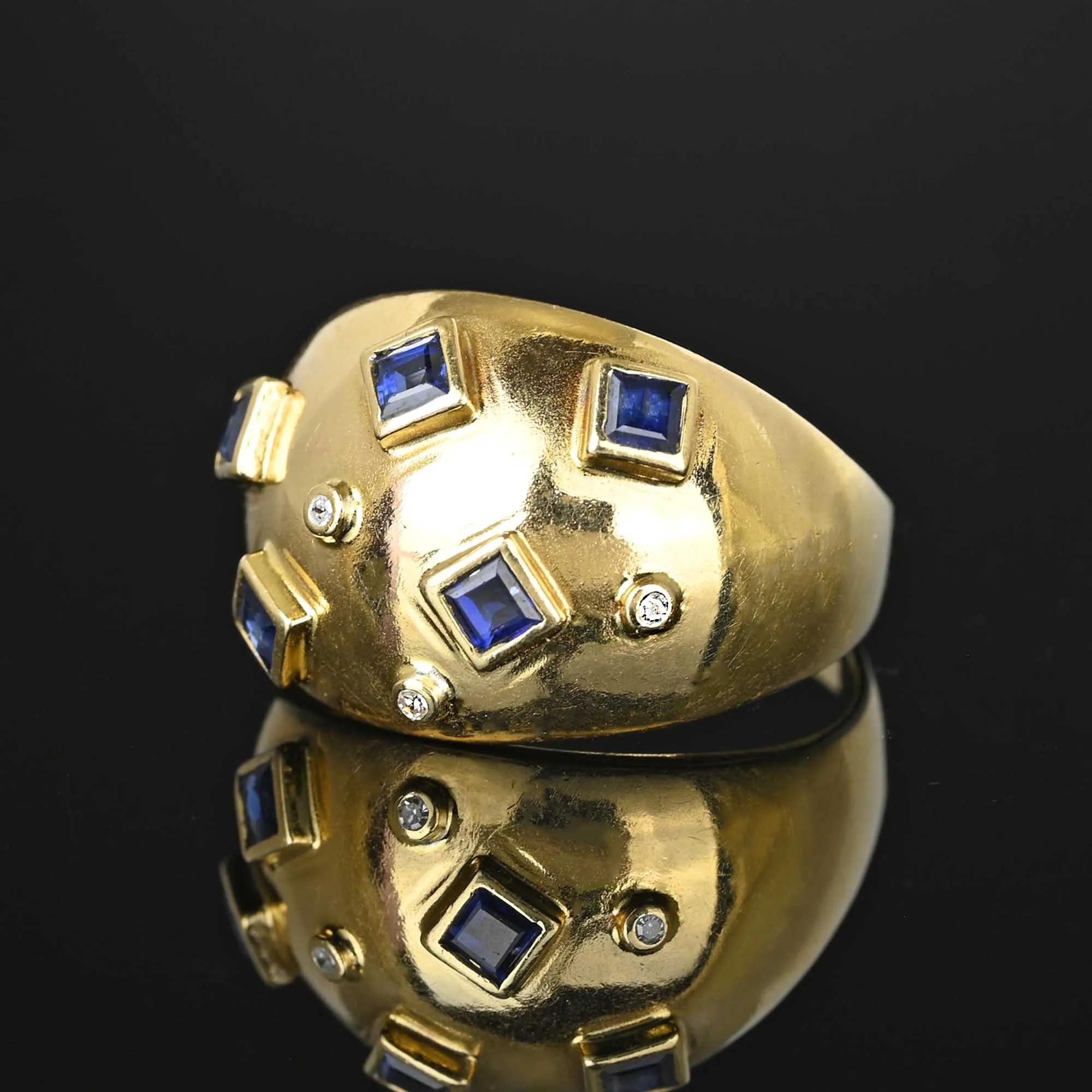 14K Gold Sputnik Style Sapphire Diamond Bombe Ring