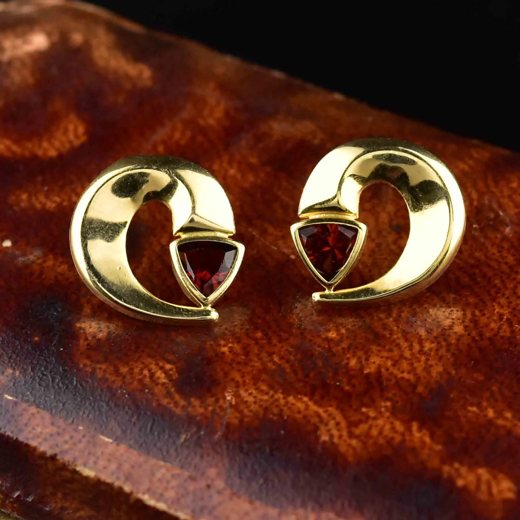 14K Gold Trillion Cut Garnet Stud Earrings