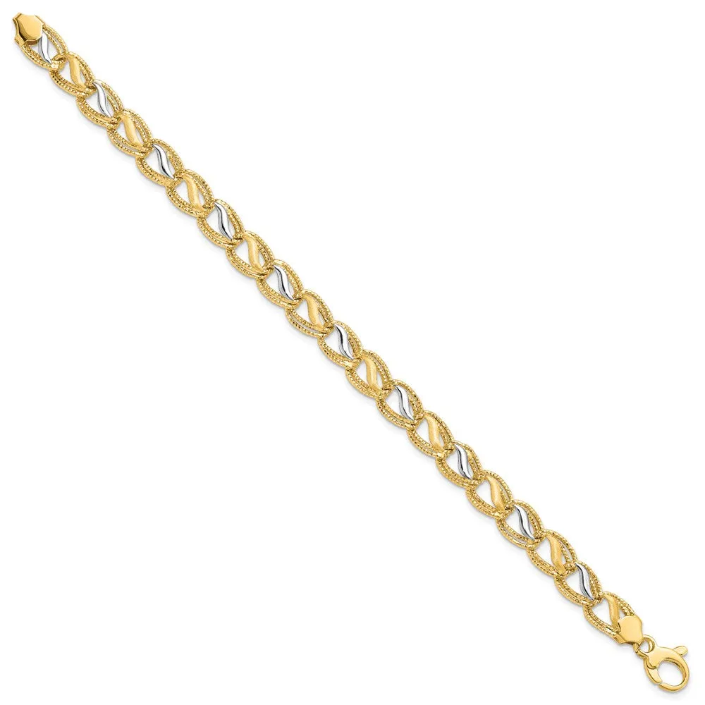 14k Two Tone Gold Textured and Polished Oval Link Bracelet, 7.5 Inch