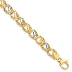 14k Two Tone Gold Textured and Polished Oval Link Bracelet, 7.5 Inch