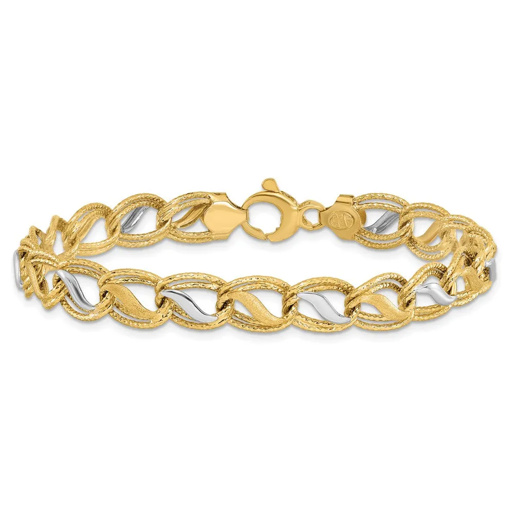 14k Two Tone Gold Textured and Polished Oval Link Bracelet, 7.5 Inch