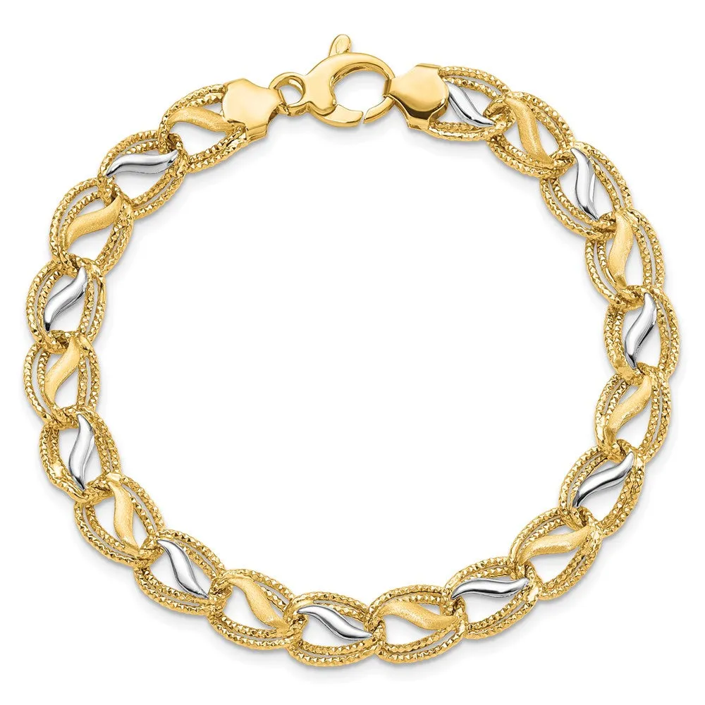 14k Two Tone Gold Textured and Polished Oval Link Bracelet, 7.5 Inch