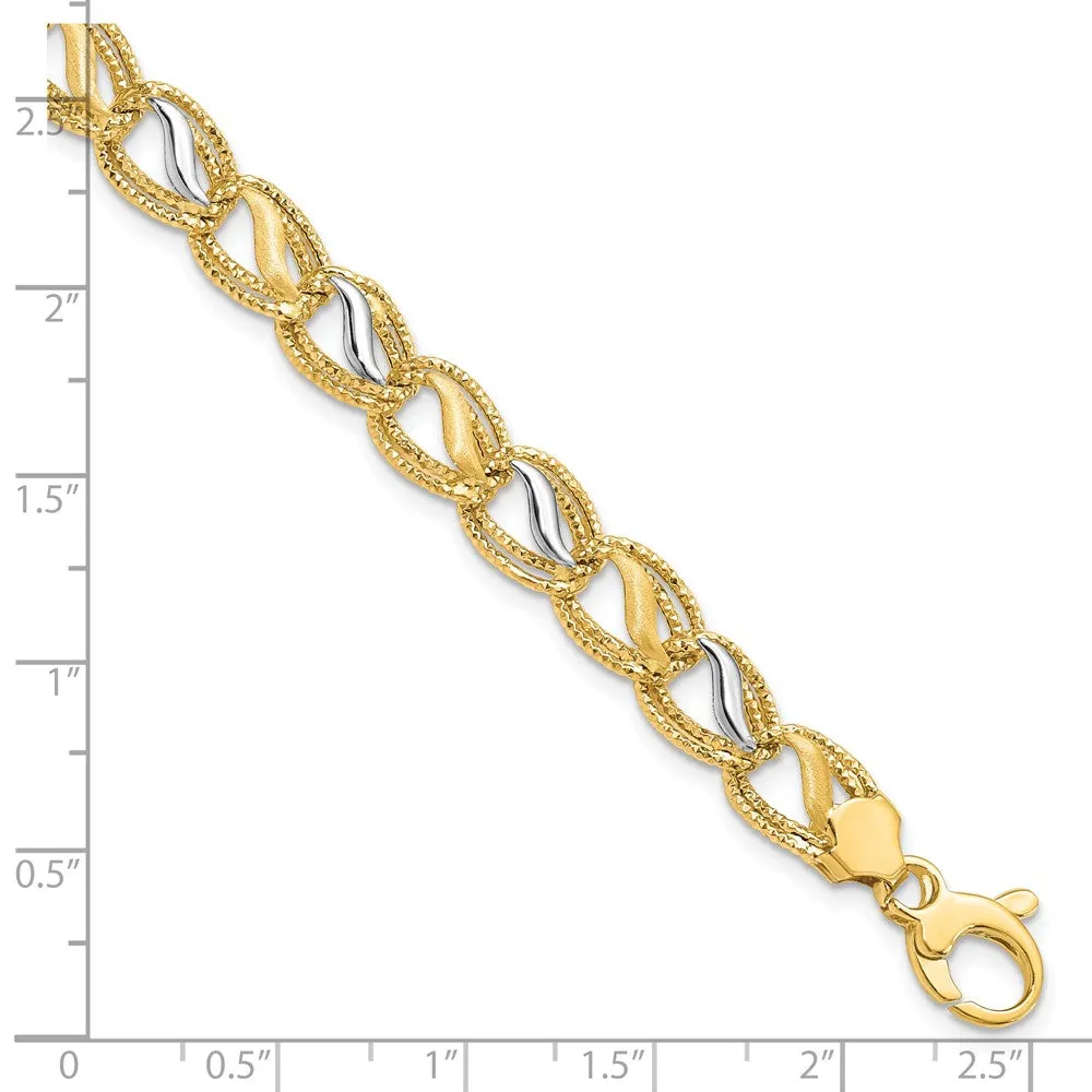 14k Two Tone Gold Textured and Polished Oval Link Bracelet, 7.5 Inch