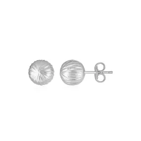 14K White Gold Ball Earrings with Linear Texture-rx66802