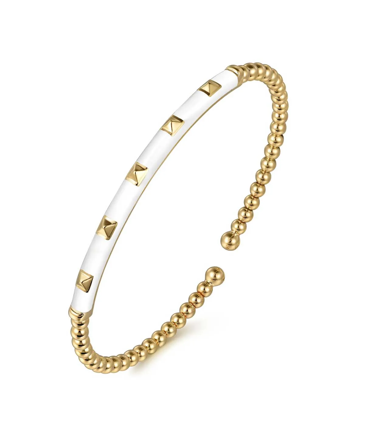 14K Yellow Gold Bujukan Beads and Pyramid Split Bangle with White Enamel