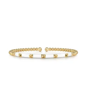 14K Yellow Gold Bujukan Beads and Pyramid Split Bangle with White Enamel