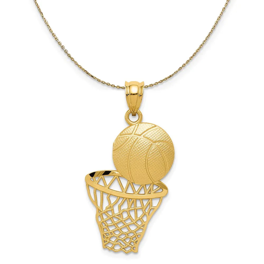 14k Yellow Gold Diamond Cut Basketball and Net Necklace