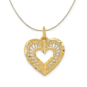 14k Yellow Gold Diamond Cut Filigree Heart (17mm) Necklace