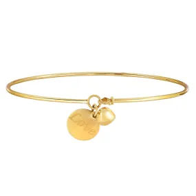 14k Yellow Gold Shiny Thin Bangle with Puff Heart And Love Engraved Plate Charm, 7.25