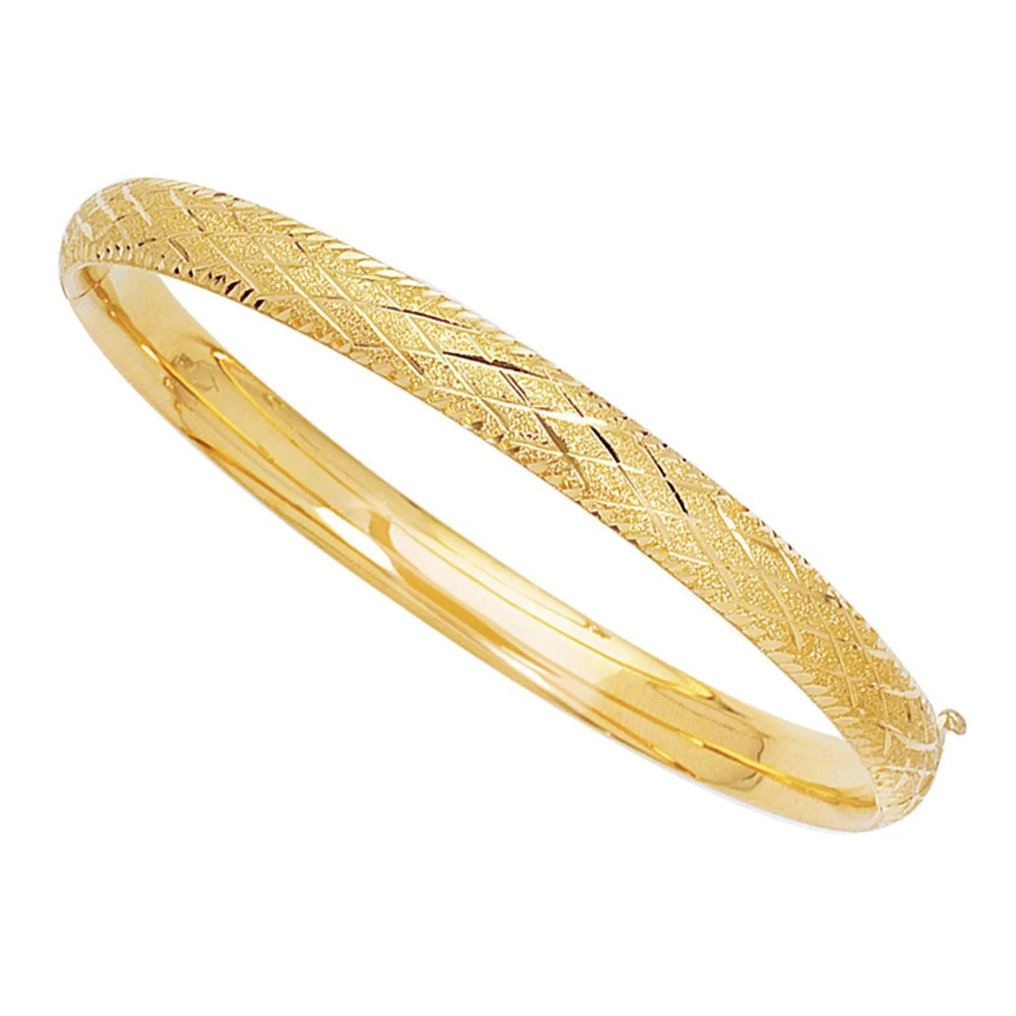 14k Yellow Gold Sparkle And Diamond Shape Pattern Bangle Bracelet, 7