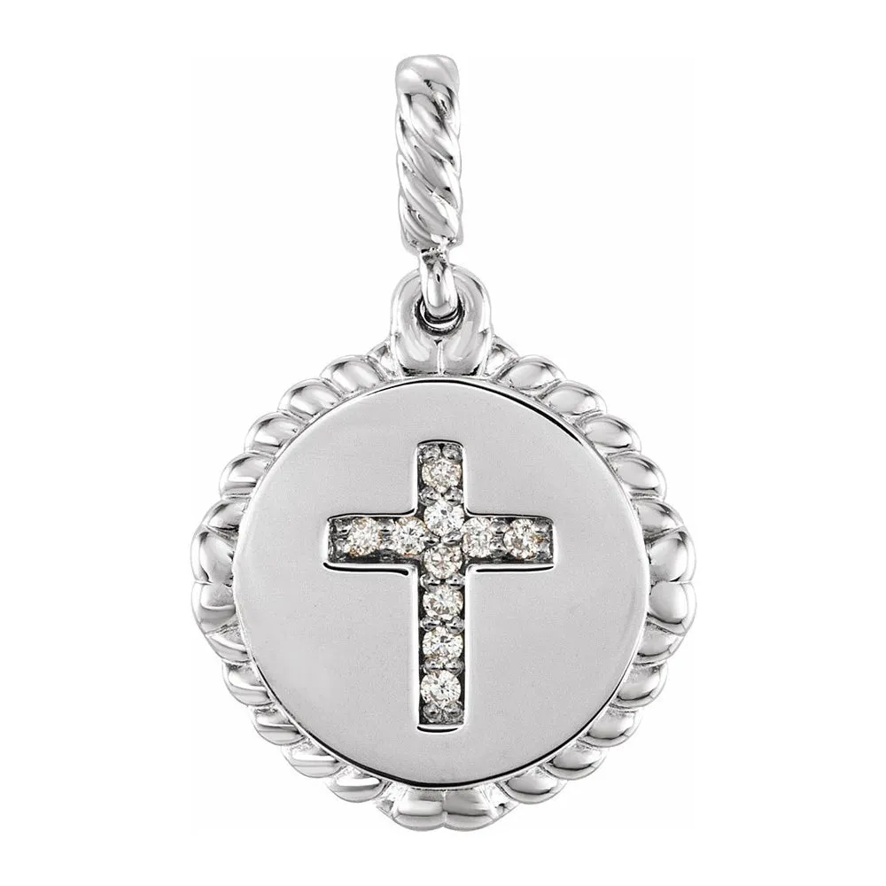 14K Yellow or White Gold .04 CTW Diamond Cross Rope Disc Pendant, 13mm