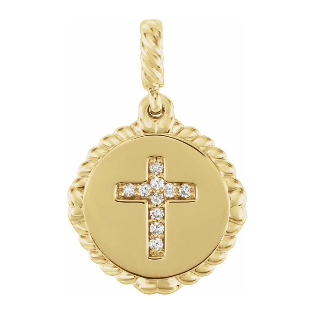 14K Yellow or White Gold .04 CTW Diamond Cross Rope Disc Pendant, 13mm