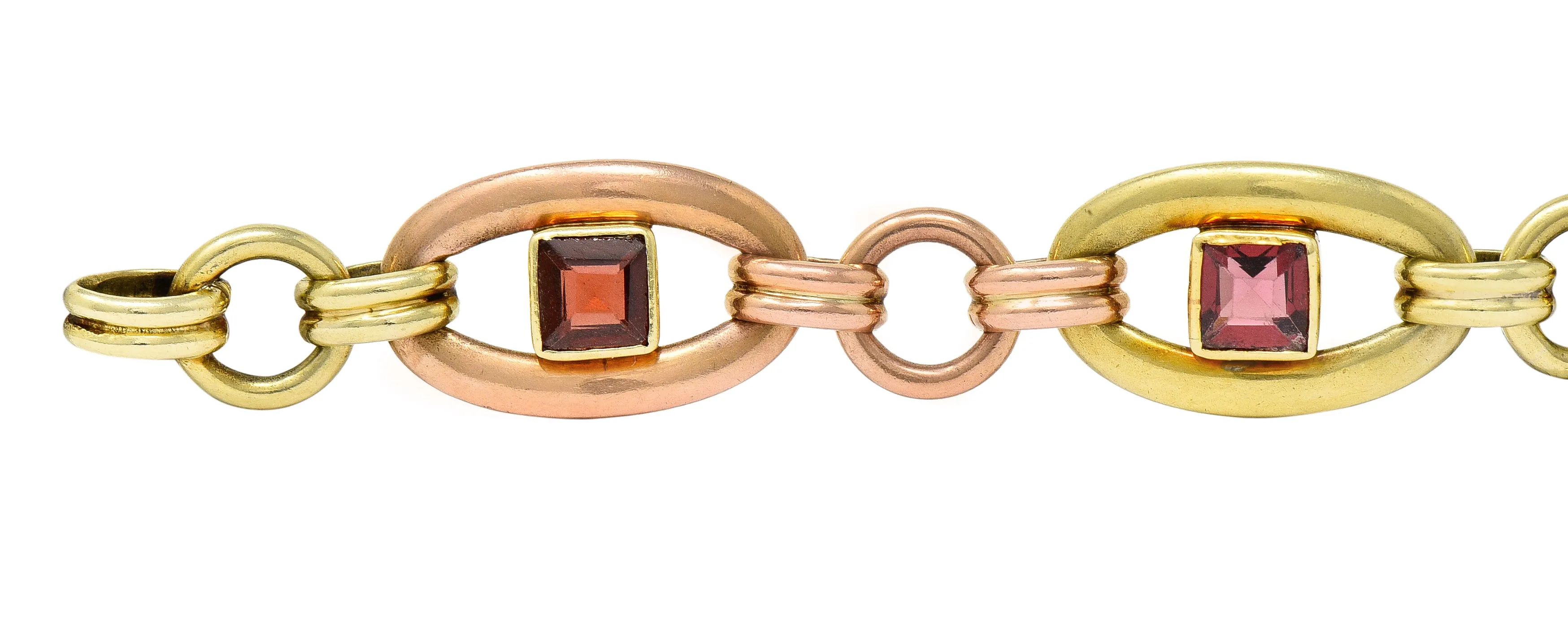 1940's Retro Garnet 14 Karat Two-Tone Gold Gemstone Link Bracelet