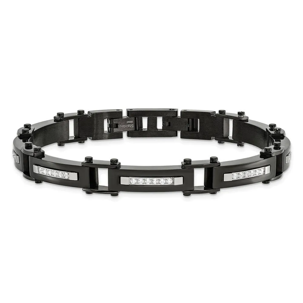 8mm Black Plated Stainless Steel & CZ Link Bracelet 8.25 In Adjustable