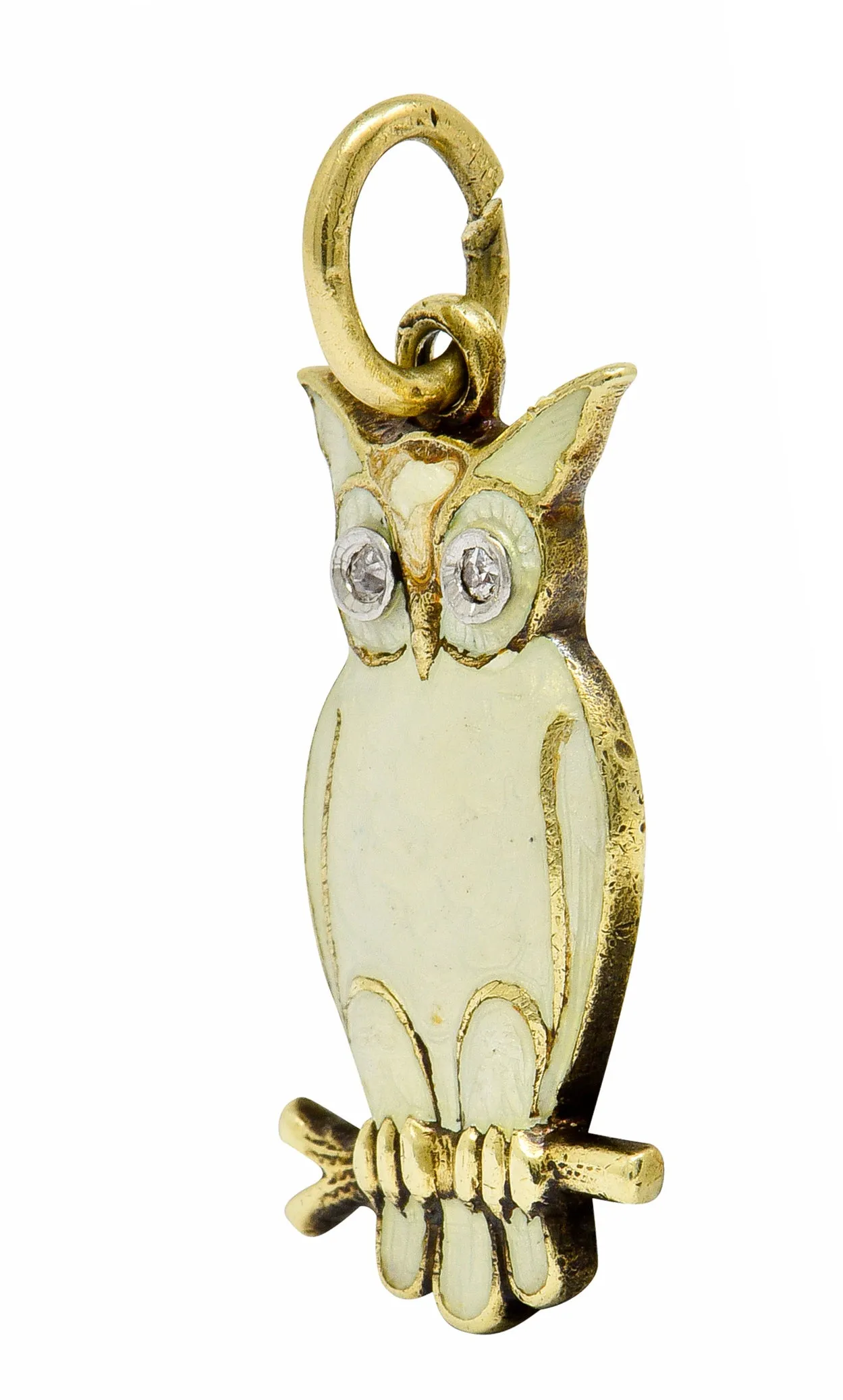 Art Deco Diamond Enamel 14 Karat Gold French Owl Charm