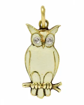 Art Deco Diamond Enamel 14 Karat Gold French Owl Charm