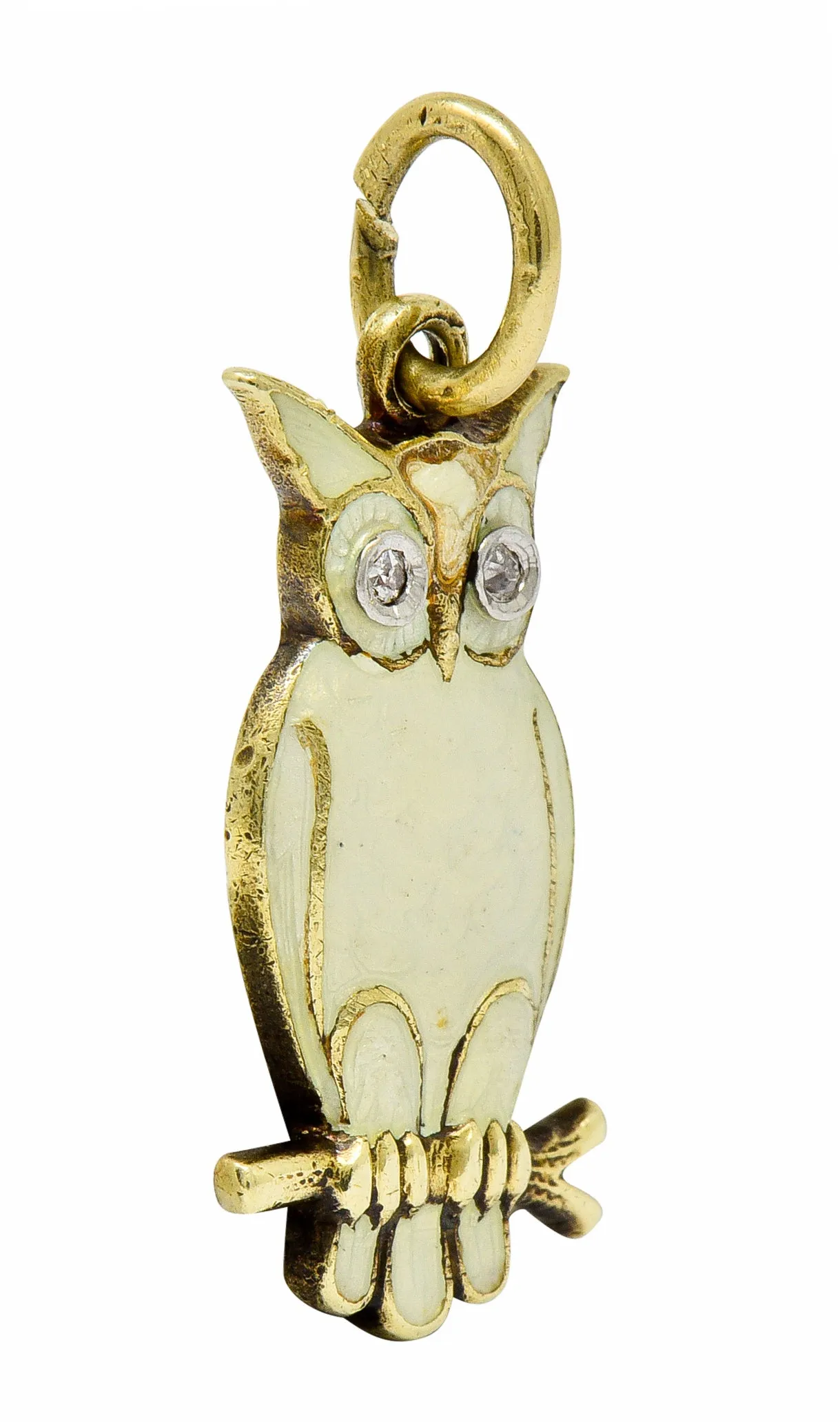 Art Deco Diamond Enamel 14 Karat Gold French Owl Charm