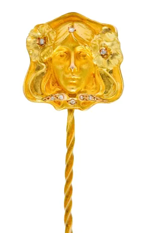 Art Nouveau Diamond 14 Karat Two-Tone Gold Ethereal Woman Stickpin