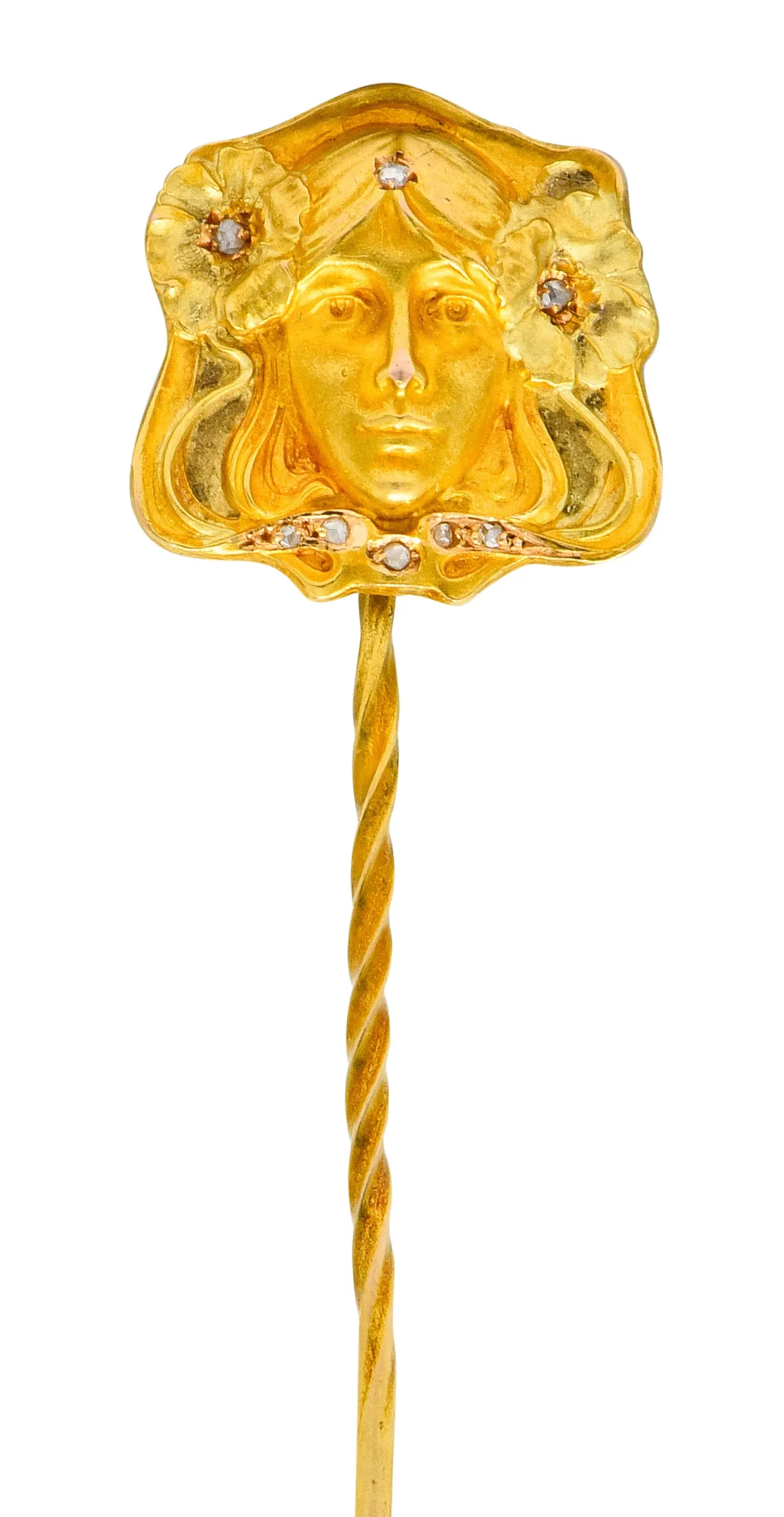 Art Nouveau Diamond 14 Karat Two-Tone Gold Ethereal Woman Stickpin