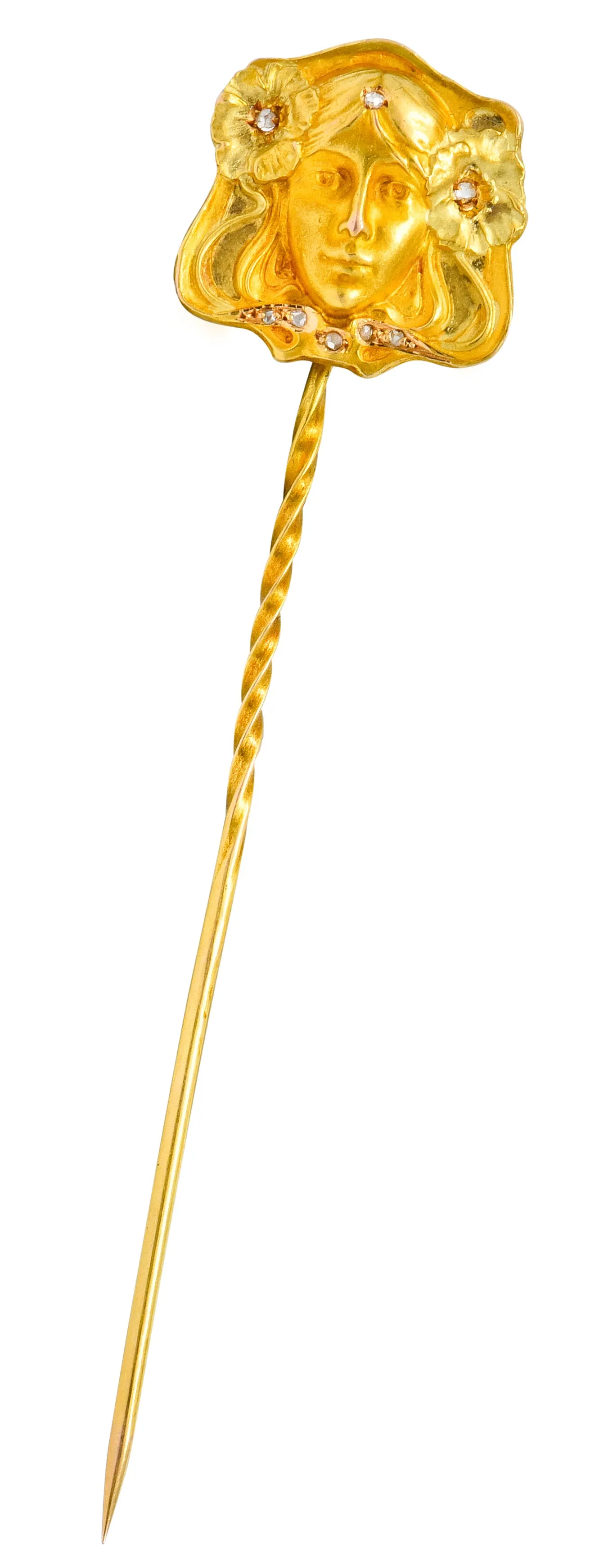 Art Nouveau Diamond 14 Karat Two-Tone Gold Ethereal Woman Stickpin