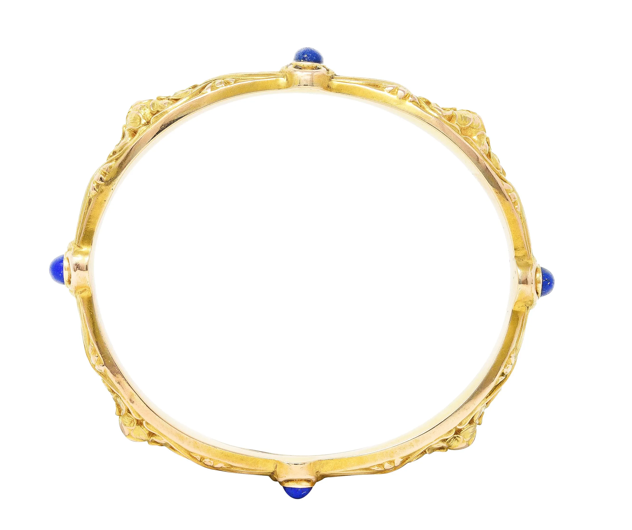 Art Nouveau Lapis Lazuli 14 Karat Yellow Gold Daisy Floral Antique Bangle Bracelet