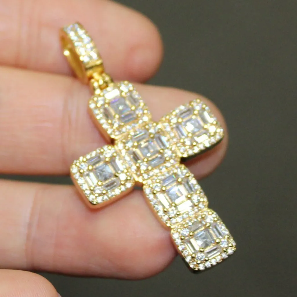 Asscher Cut Cluster CZ Bling Bling Cross in Gold