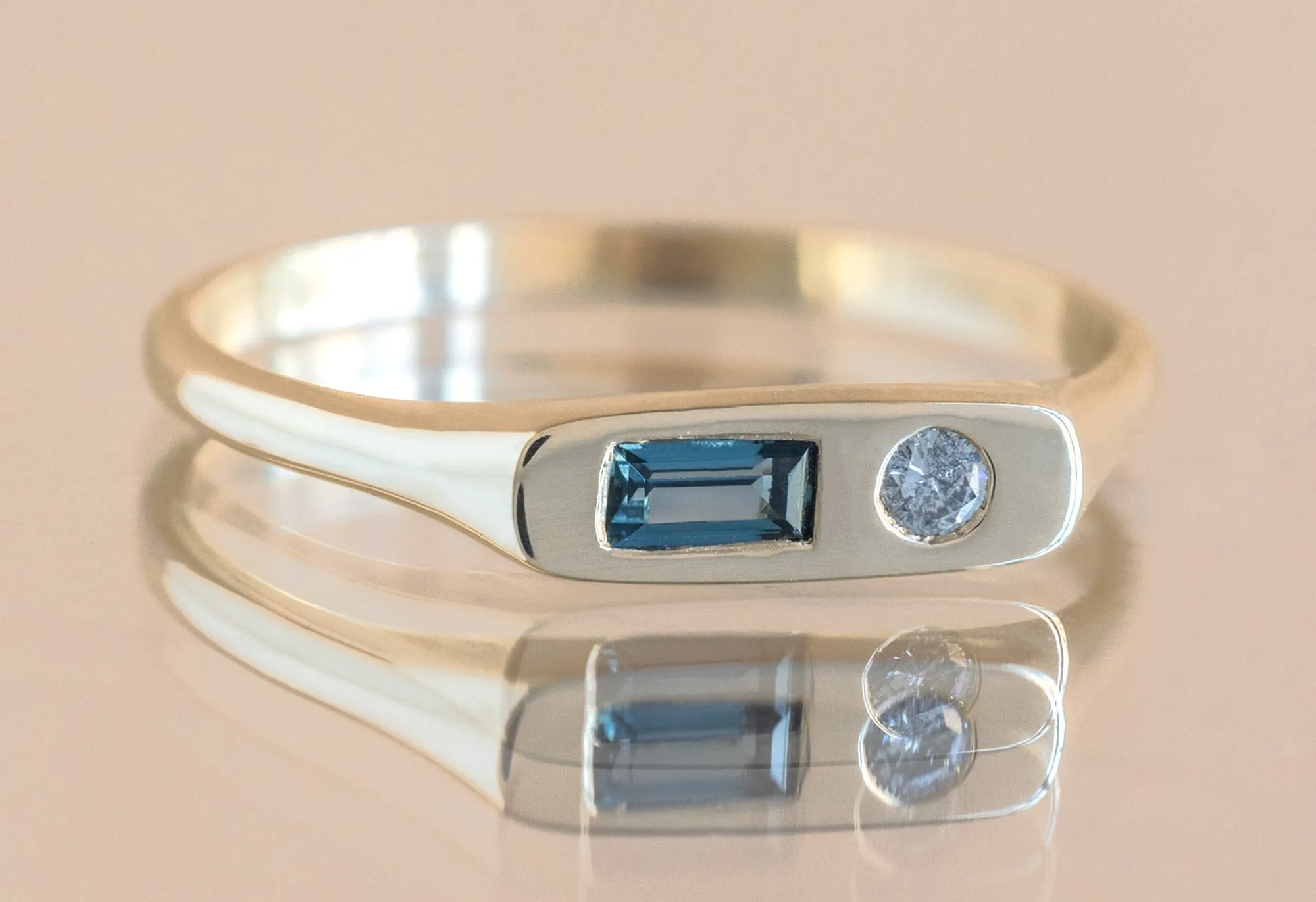 Asymmetrical Sapphire + Diamond Signet Ring