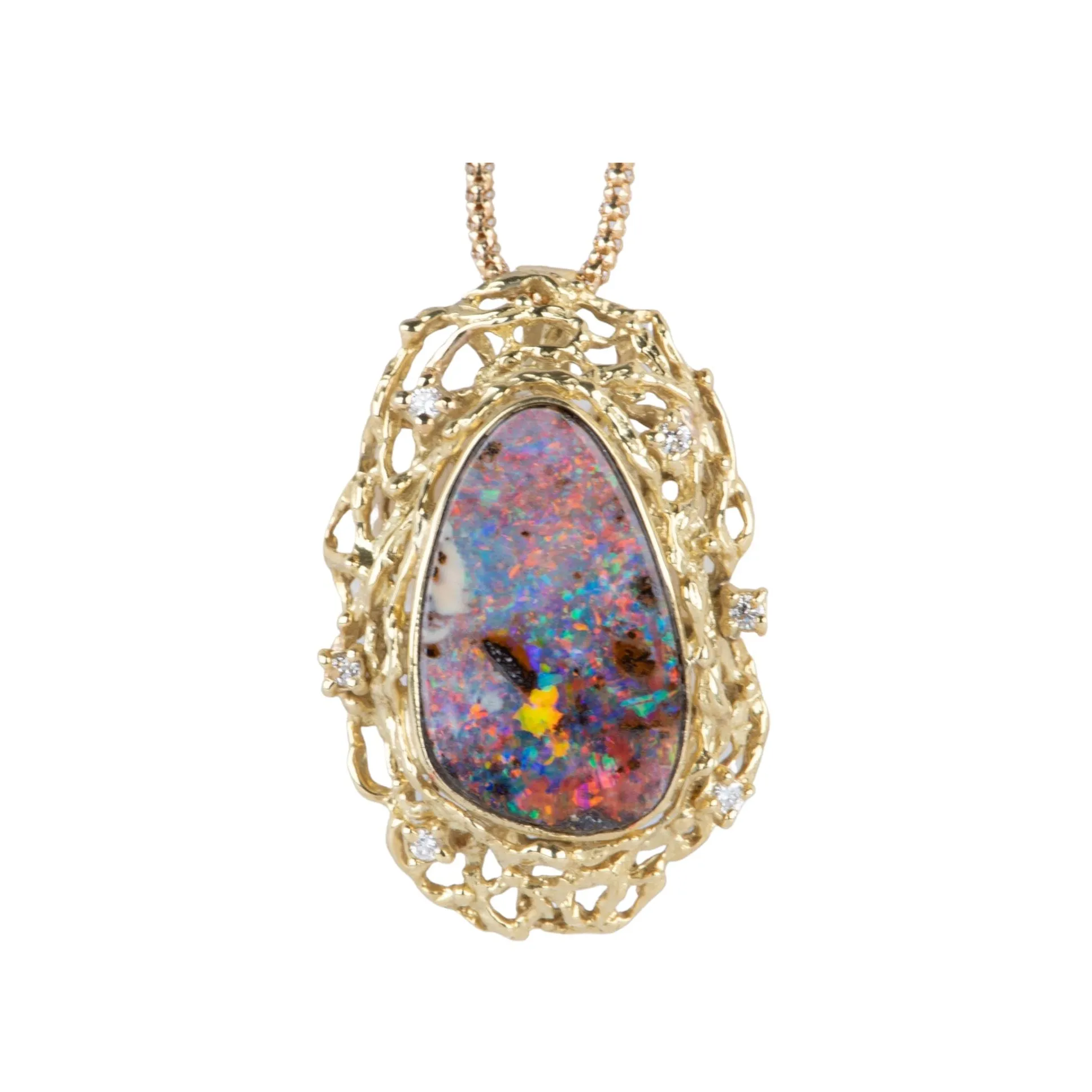 Australian Boulder Opal and Diamond Pendant with Chain 18K Gold 10.38g V1125