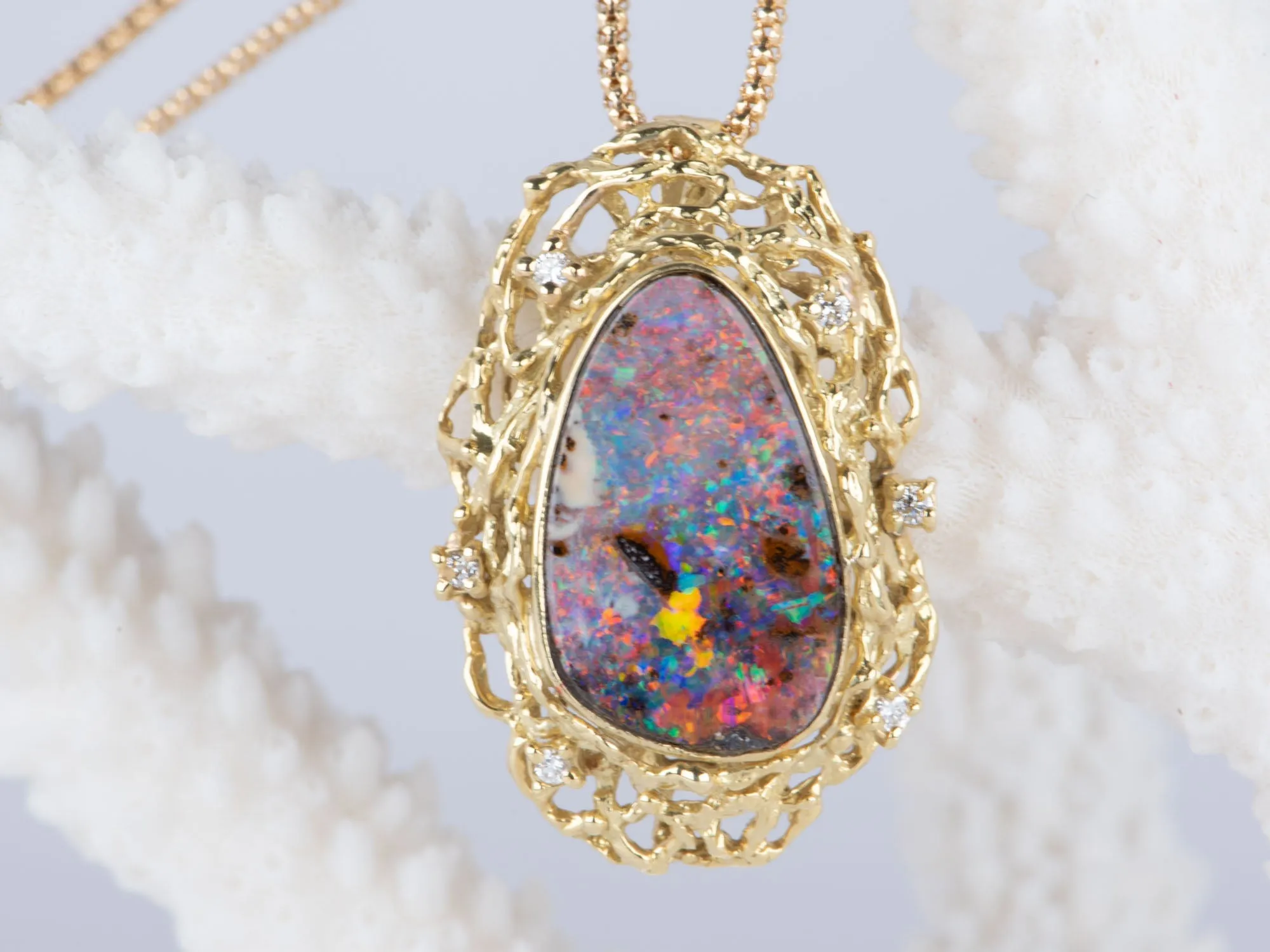 Australian Boulder Opal and Diamond Pendant with Chain 18K Gold 10.38g V1125