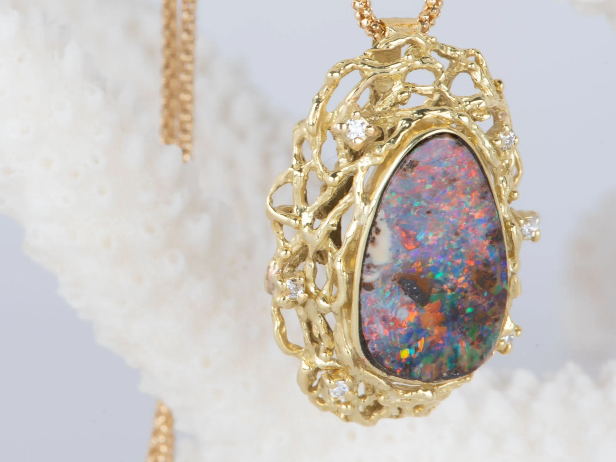 Australian Boulder Opal and Diamond Pendant with Chain 18K Gold 10.38g V1125