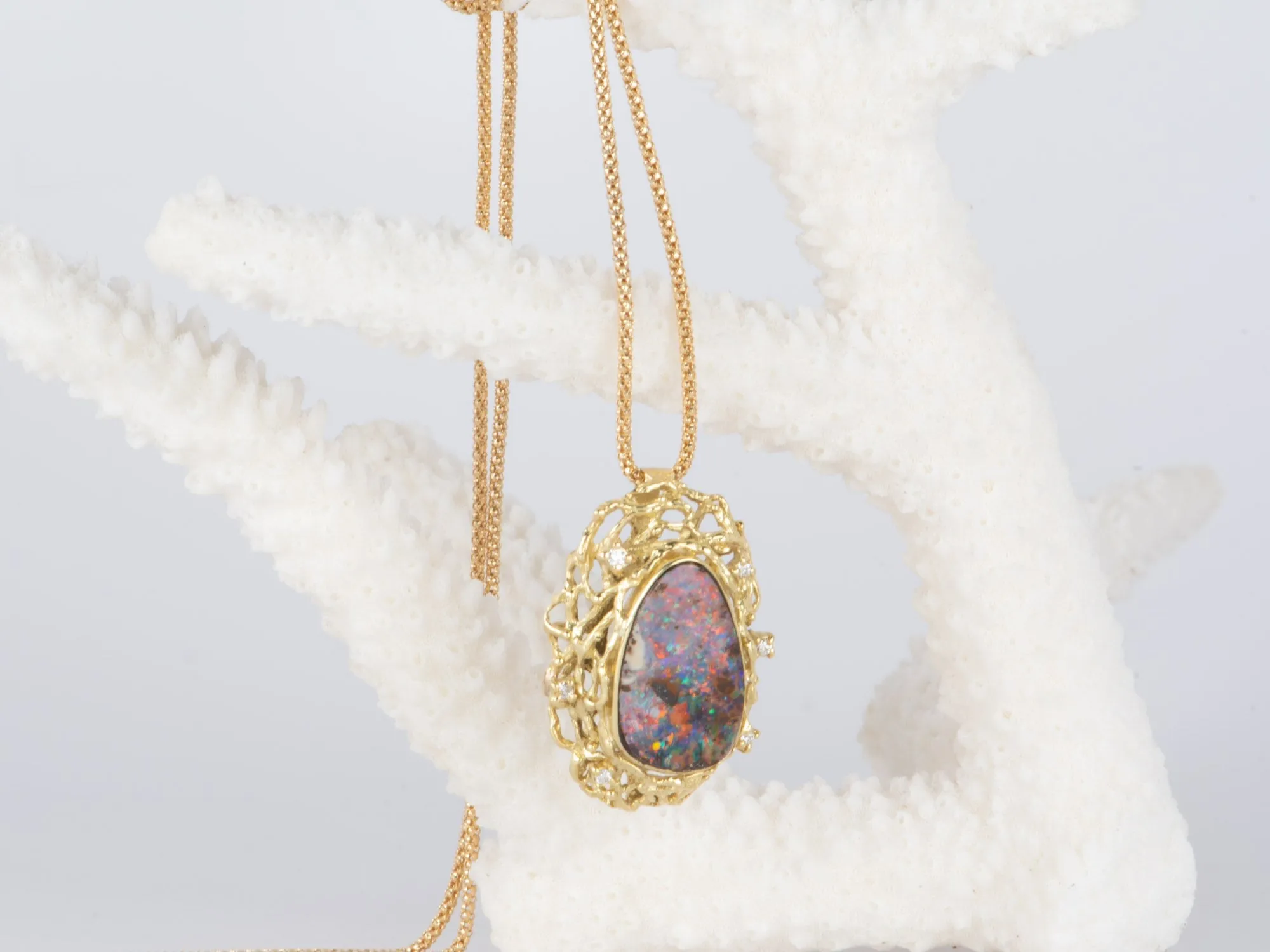 Australian Boulder Opal and Diamond Pendant with Chain 18K Gold 10.38g V1125