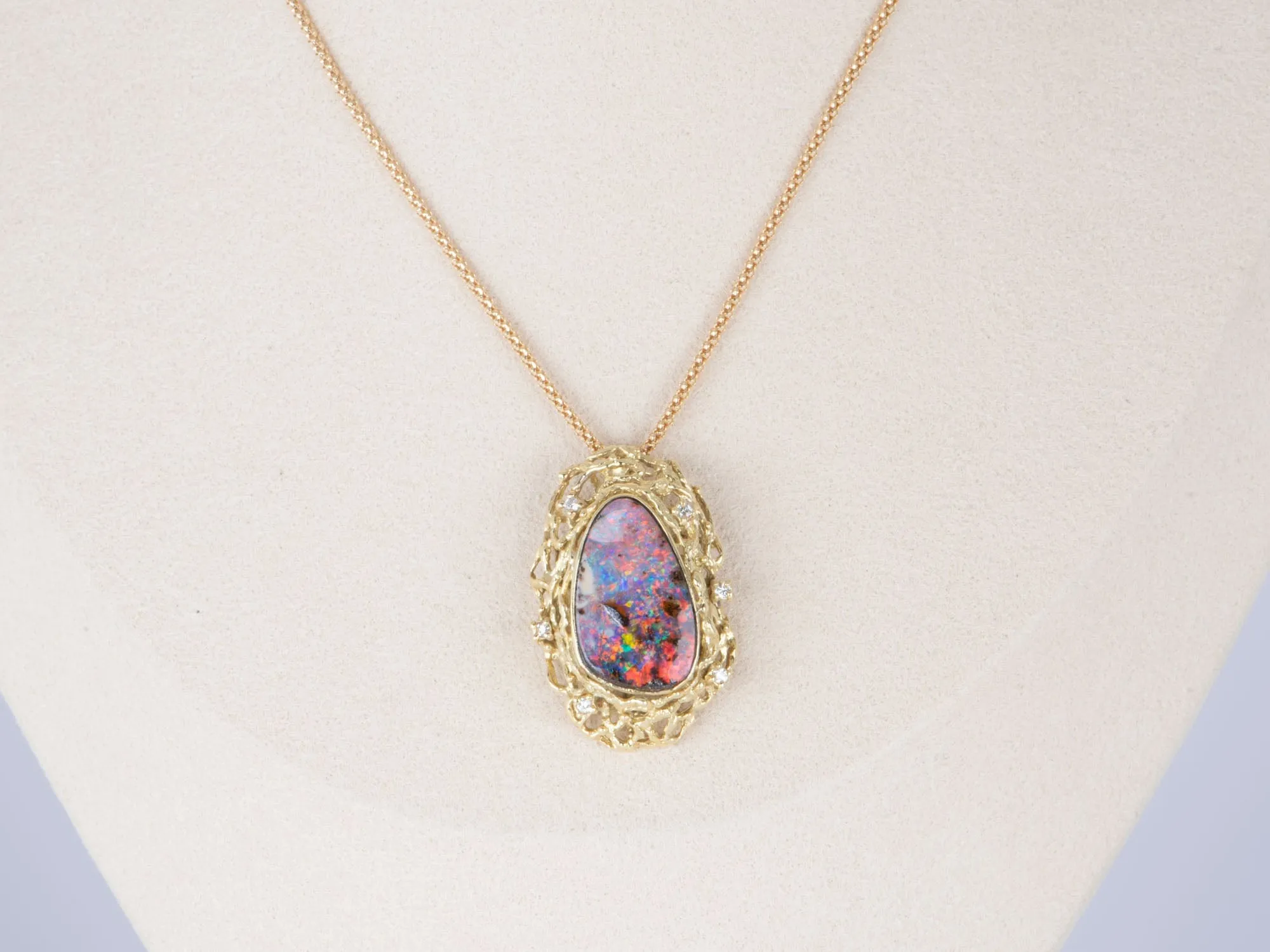 Australian Boulder Opal and Diamond Pendant with Chain 18K Gold 10.38g V1125