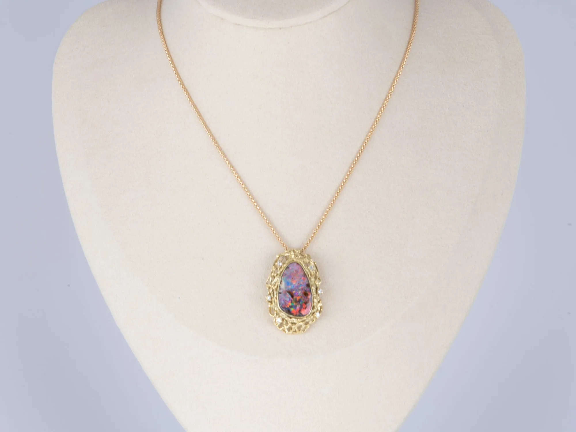 Australian Boulder Opal and Diamond Pendant with Chain 18K Gold 10.38g V1125