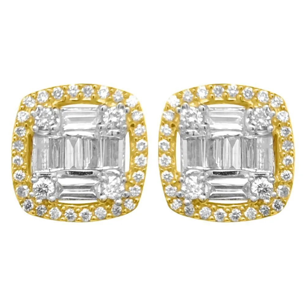 Baguette Cushion Cluster Diamond Earrings .80cttw 10K Yellow Gold