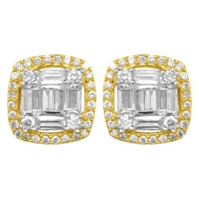 Baguette Cushion Cluster Diamond Earrings .80cttw 10K Yellow Gold