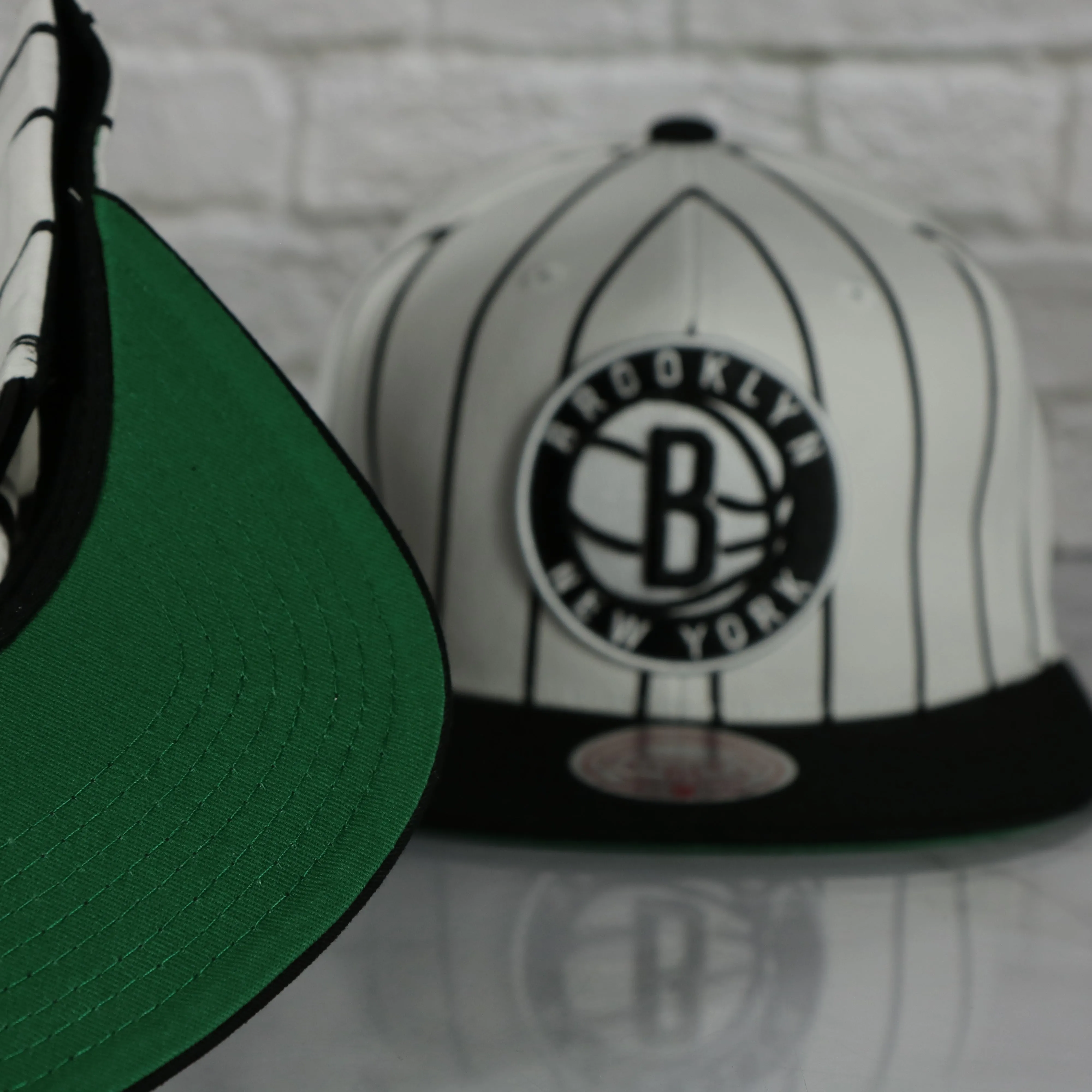 Brooklyn Nets Vintage Pinstripe Baseball Hat | Retro Mitchell and Ness White Pinstripe Snapback Hat