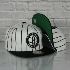 Brooklyn Nets Vintage Pinstripe Baseball Hat | Retro Mitchell and Ness White Pinstripe Snapback Hat