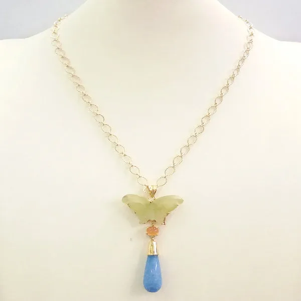 Carved Butterfly Jade with Carnelian and Blue Jade Terra Firma Pendant