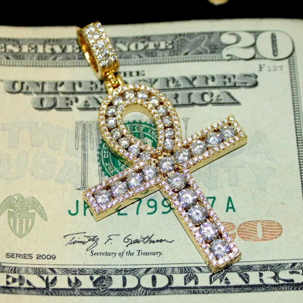 Channel Set Ankh Cross CZ Bling Bling Pendant in Gold