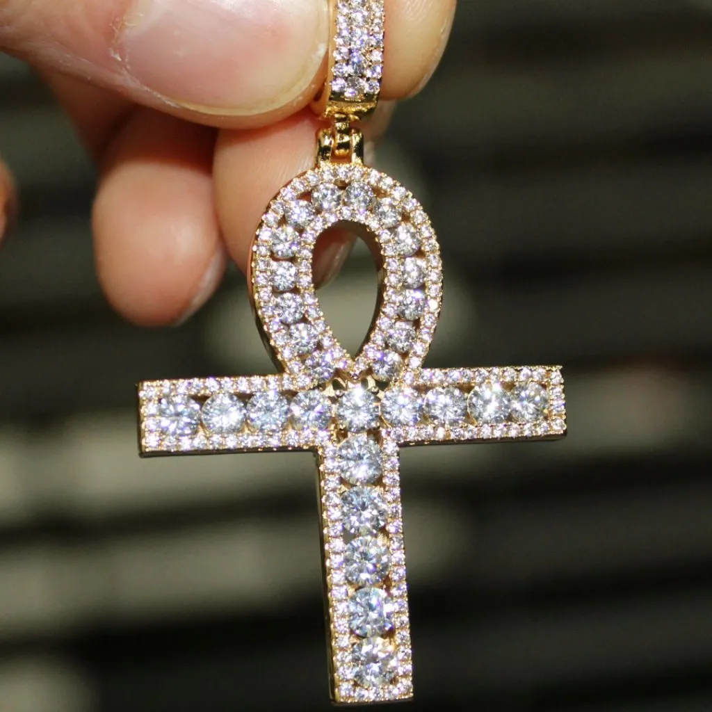 Channel Set Ankh Cross CZ Bling Bling Pendant in Gold