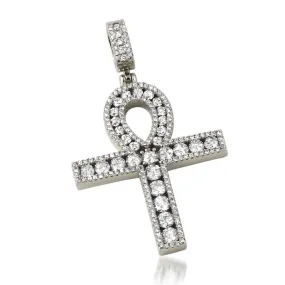 Channel Set Ankh Cross CZ Bling Bling Pendant in Rhodium