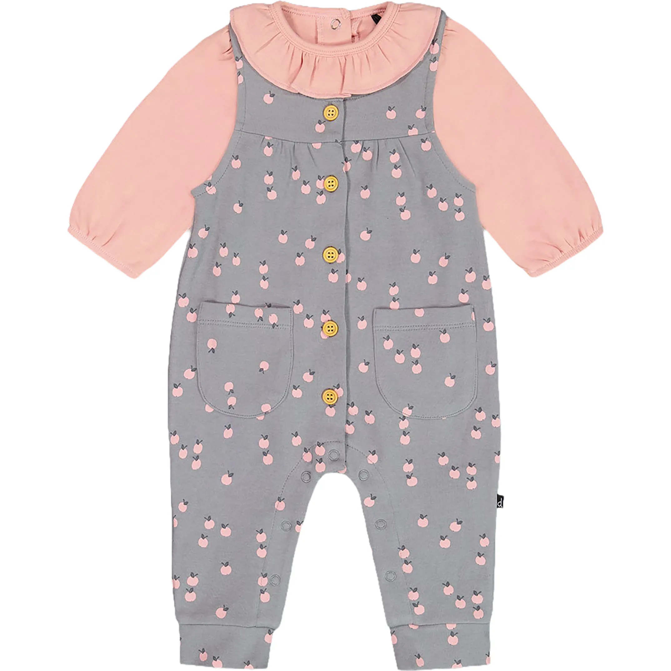 Deux par Deux Organic Cotton Long Sleeve Onesie & Apples Print Overall Set, Gray