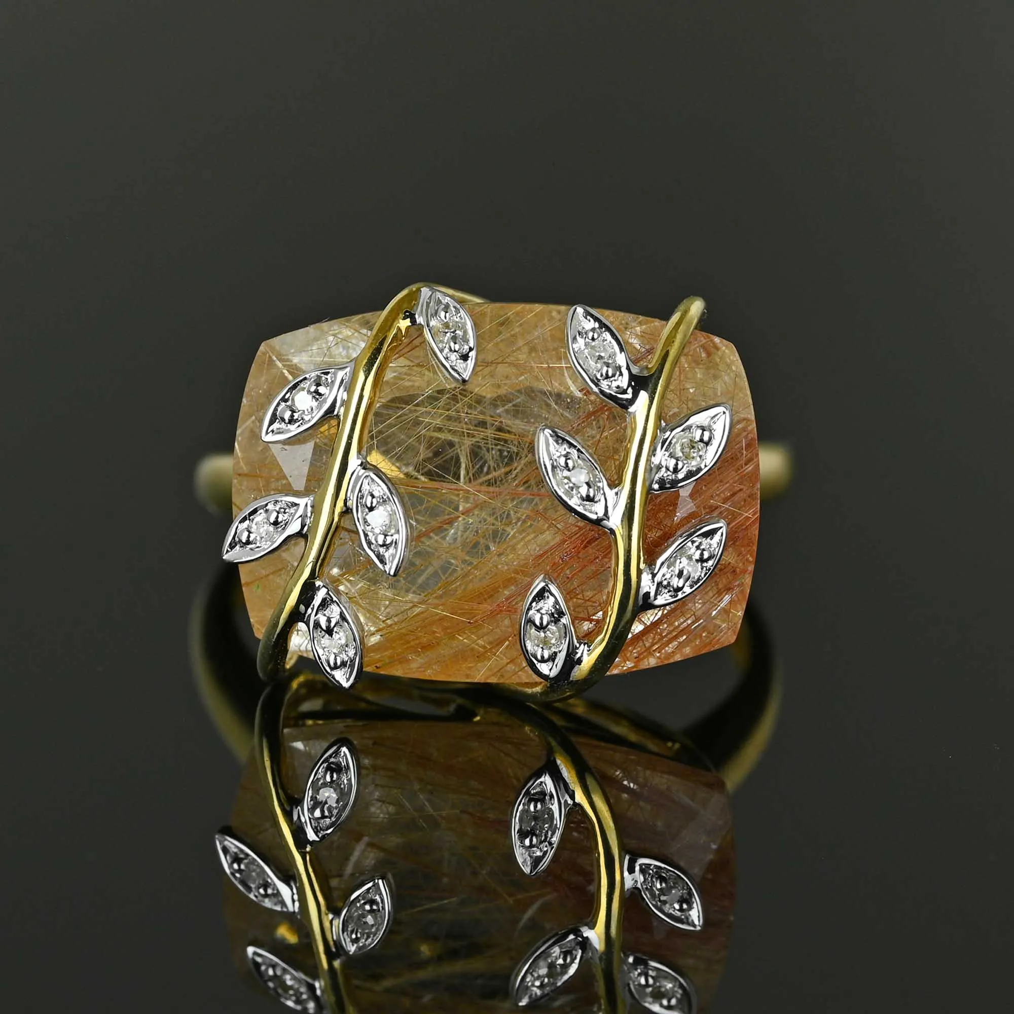 Diamond Leaf East West Rutilated Quartz Cocktail Ring