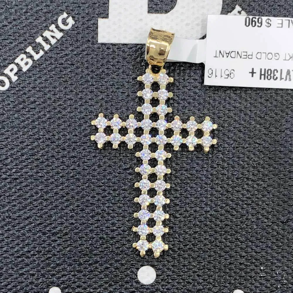 Double Hollow Tennis Cross VVS CZ 10K Yellow Gold Pendant